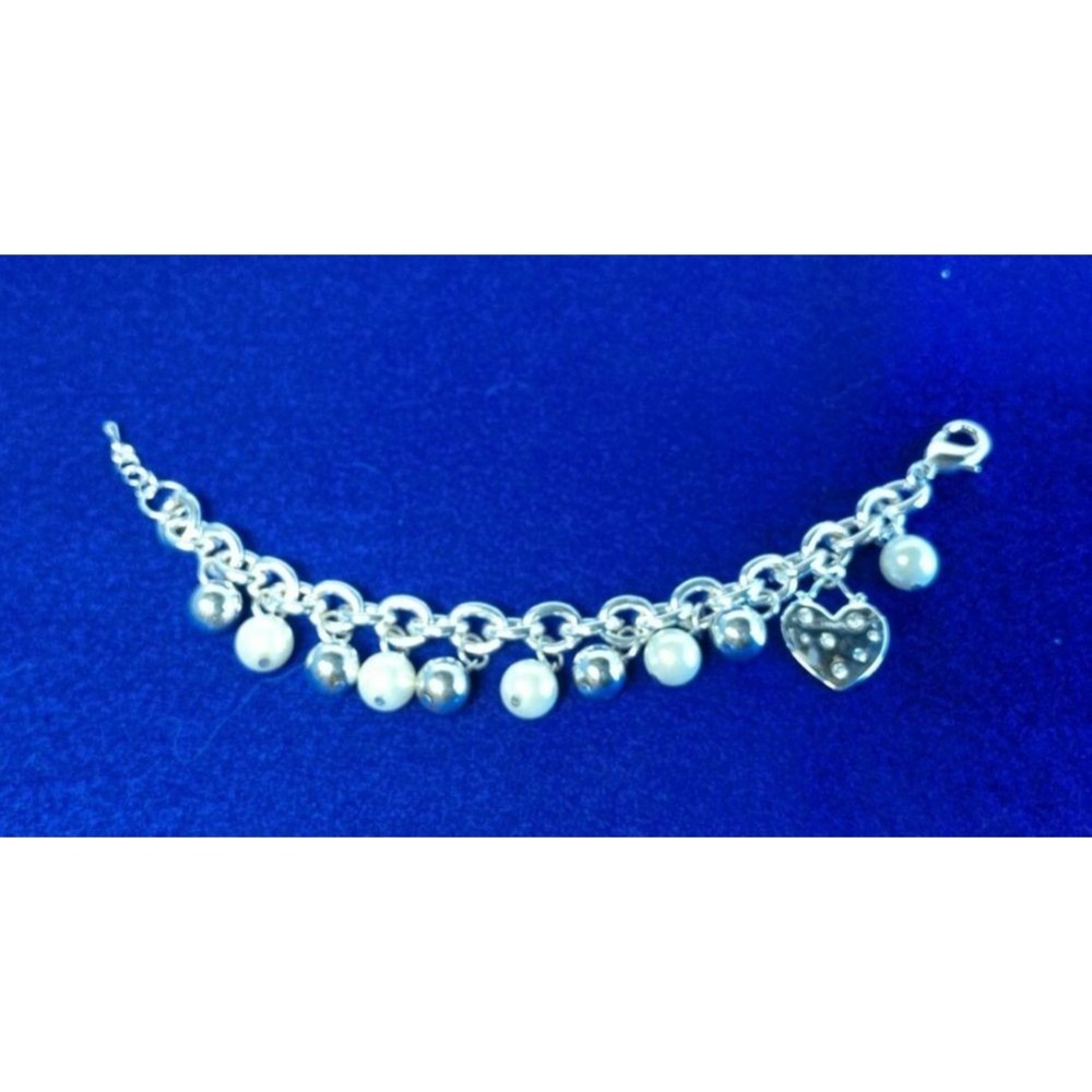 CHRISTOPHER & BANKS Bracelet Women 7-8" Silver Faux Pearl Heart Charm Crystal - Picture 6 of 6